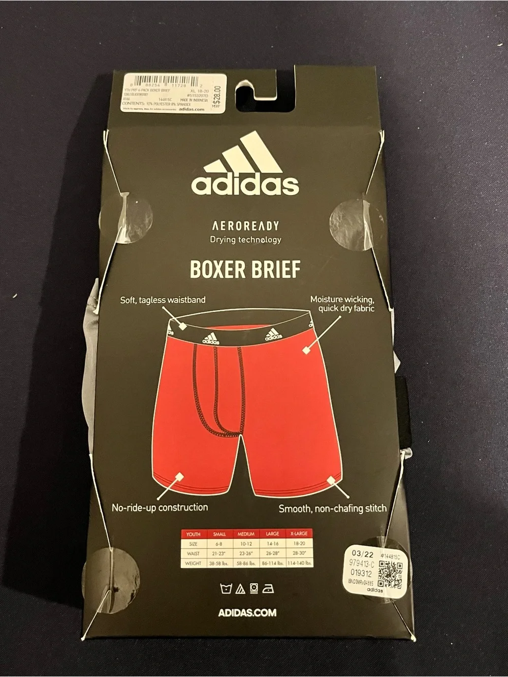adidas 4-Pack Youth Boxer Briefs - Red, Black, Gray Boy’s New XL 18-20 18/20